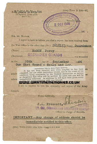 Percy Mason, Grenadier Guards notification of wound